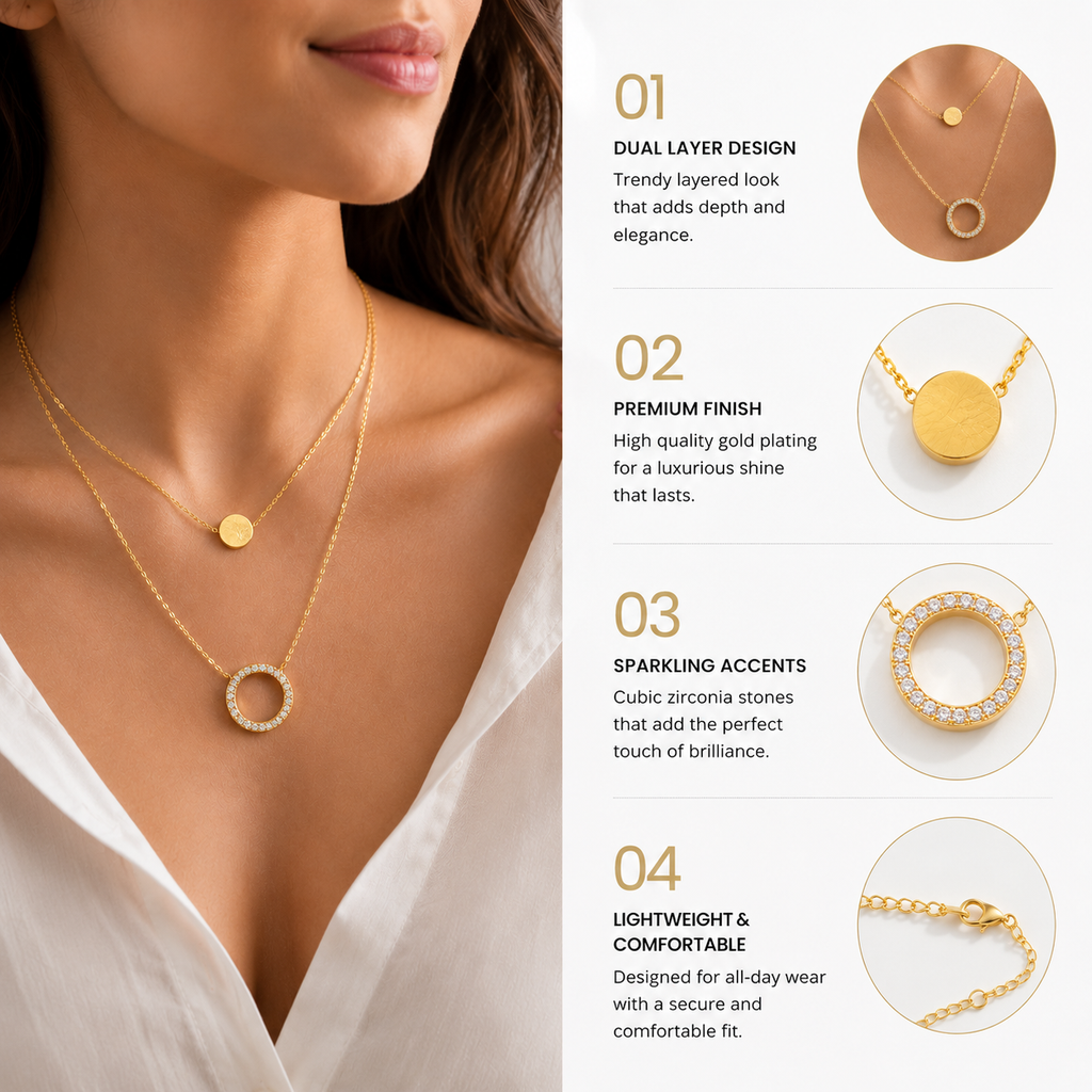 Double Layer Gold-Tone Circle Pendant Necklace for Women