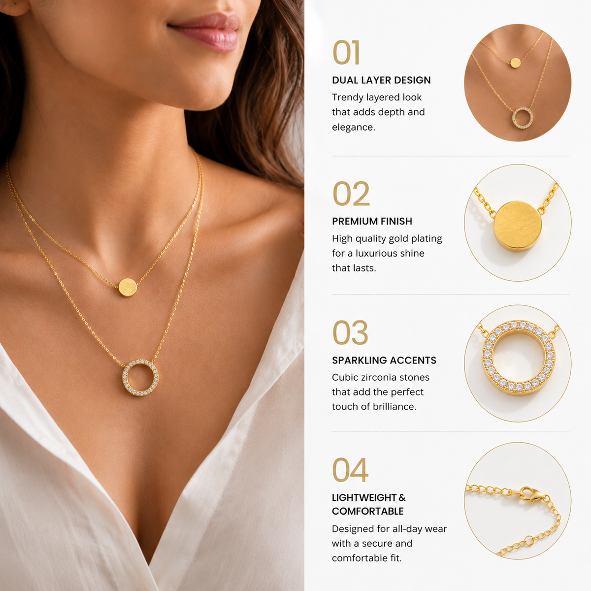 Double Layer Gold-Tone Circle Pendant Necklace for Women