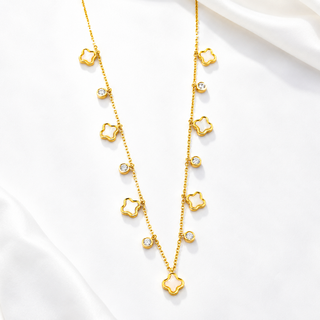 Gold-Tone Clover Charm Necklace with White Accents for Women