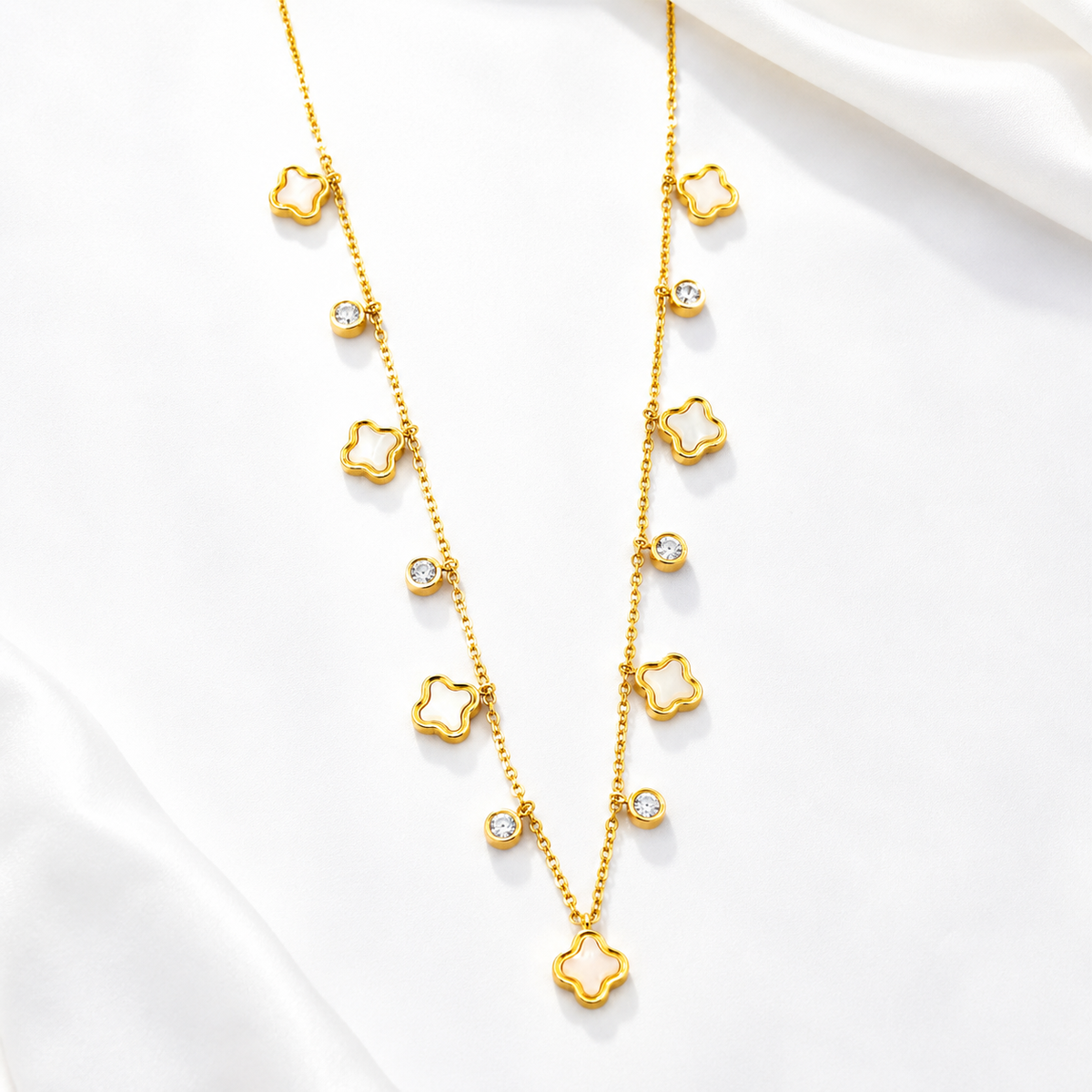 Gold-Tone Clover Charm Necklace with White Accents for Women