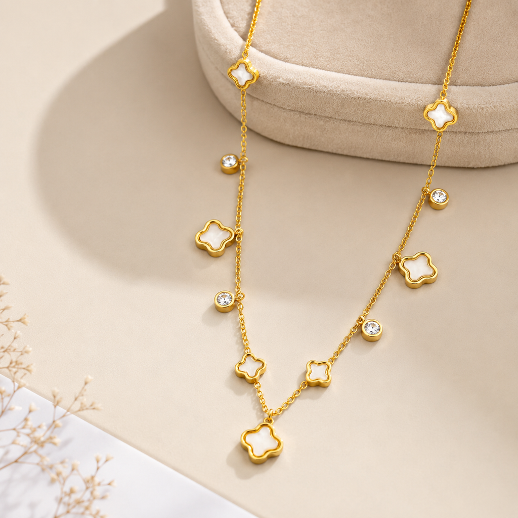 Gold-Tone Clover Charm Necklace with White Accents for Women
