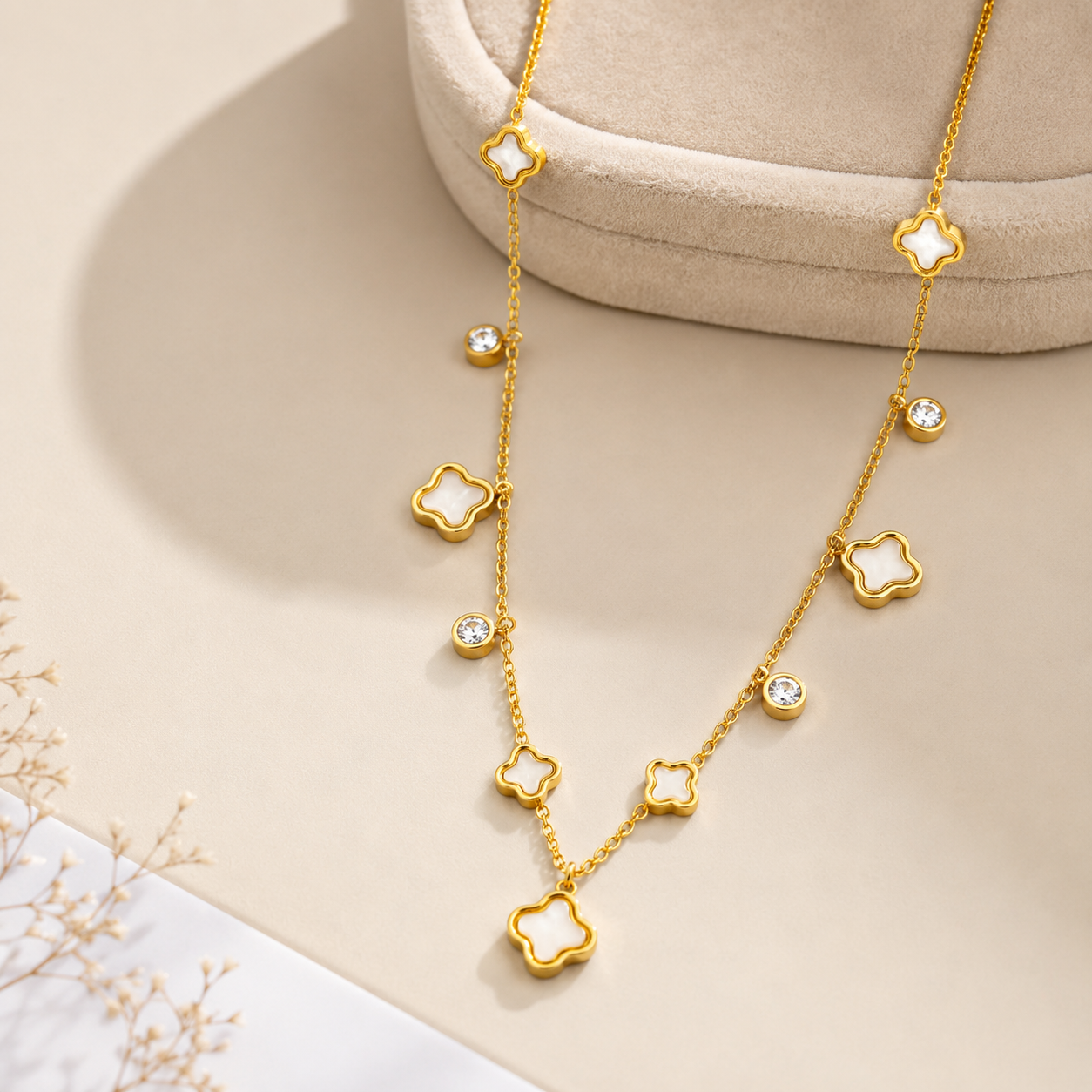 Gold-Tone Clover Charm Necklace with White Accents for Women