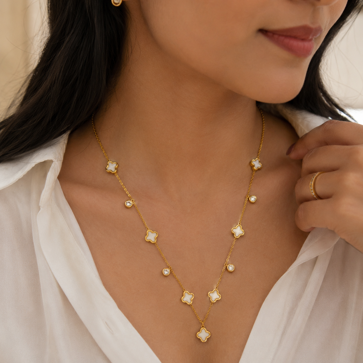 Gold-Tone Clover Charm Necklace with White Accents for Women