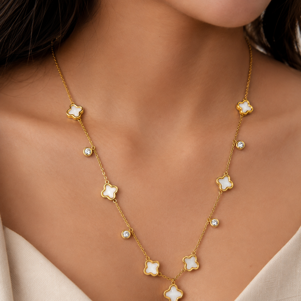 Gold-Tone Clover Charm Necklace with White Accents for Women