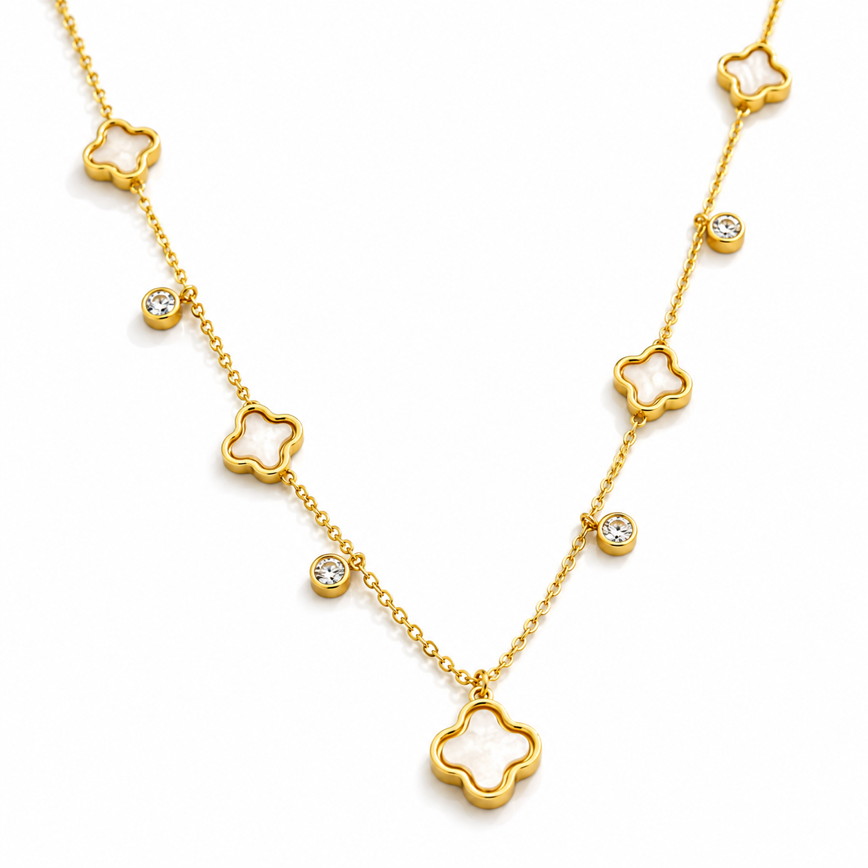 Gold-Tone Clover Charm Necklace with White Accents for Women