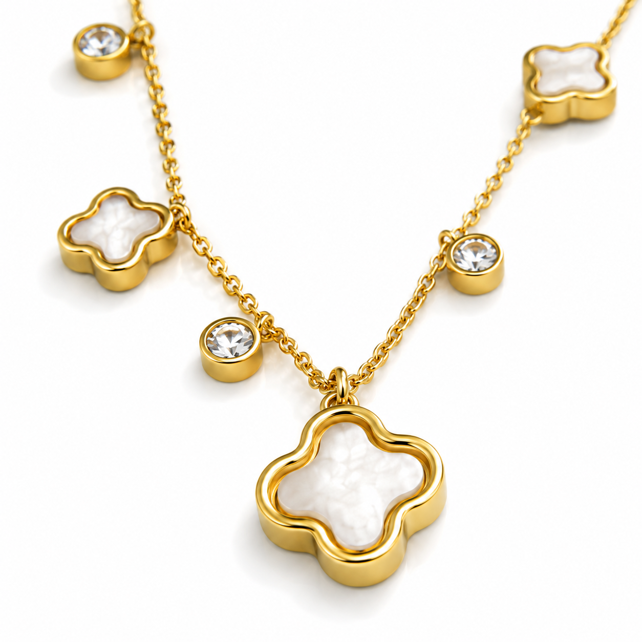 Gold-Tone Clover Charm Necklace with White Accents for Women