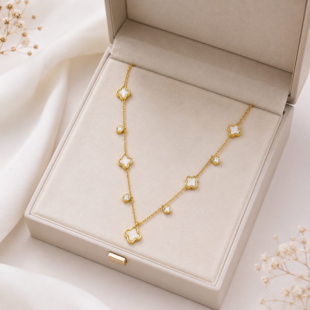 Gold-Tone Clover Charm Necklace with White Accents for Women