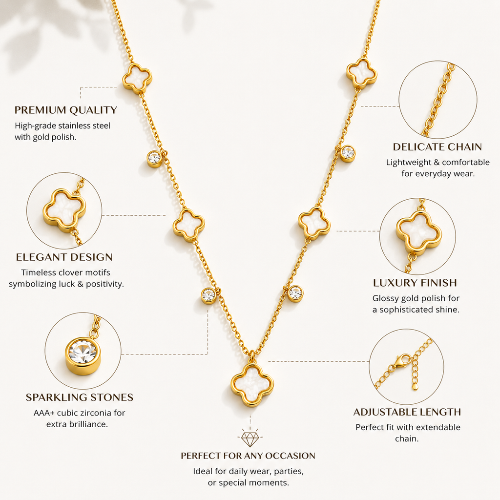 Gold-Tone Clover Charm Necklace with White Accents for Women