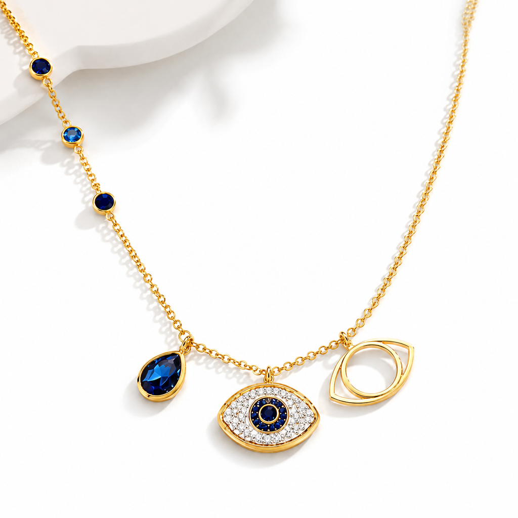 Blue Evil Eye Gold-Tone Pendant Necklace for Women