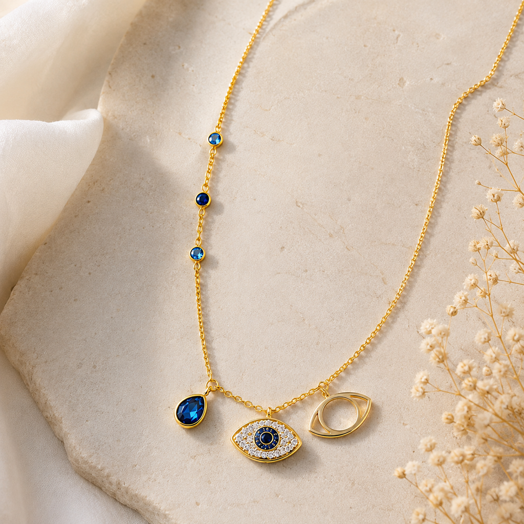 Blue Evil Eye Gold-Tone Pendant Necklace for Women