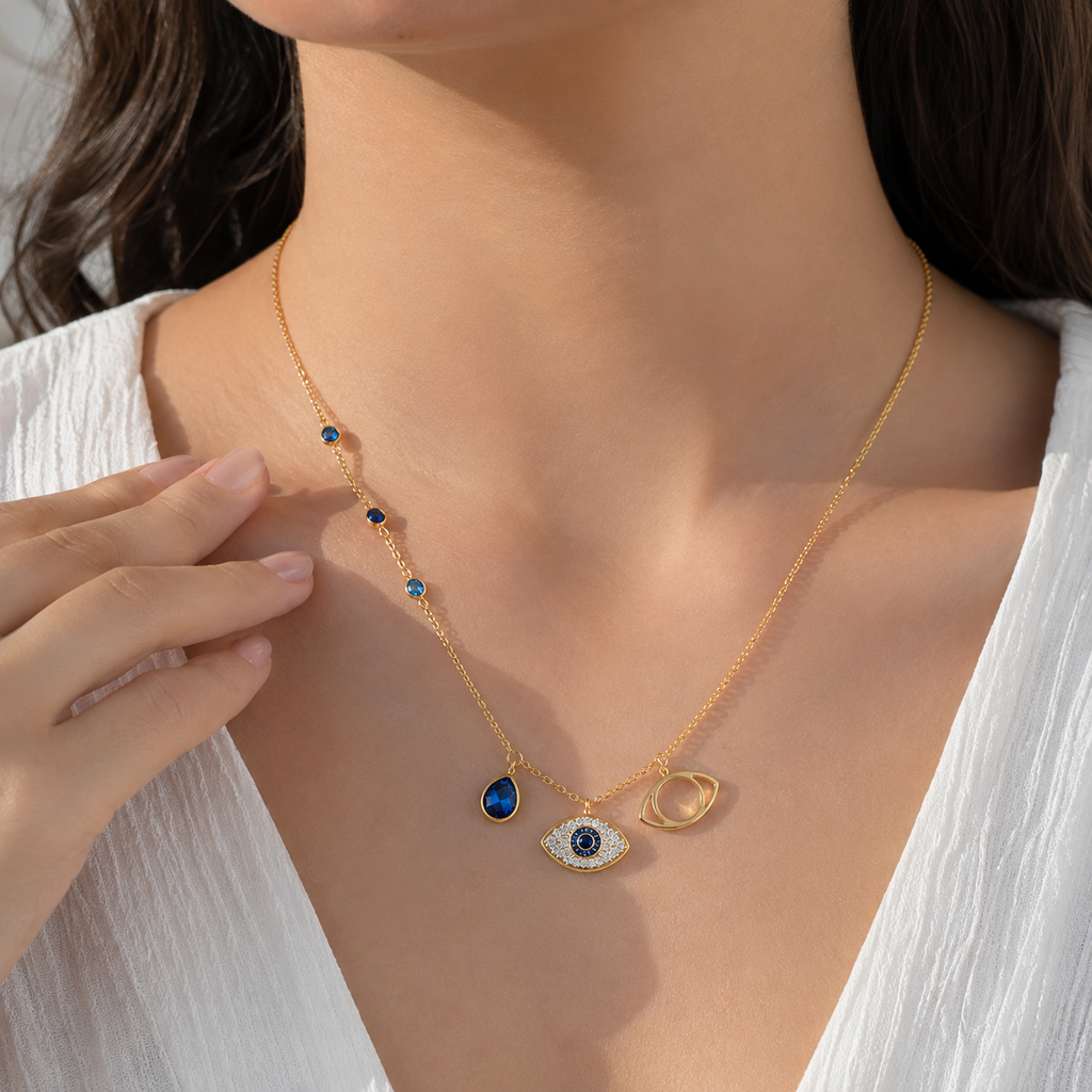 Blue Evil Eye Gold-Tone Pendant Necklace for Women