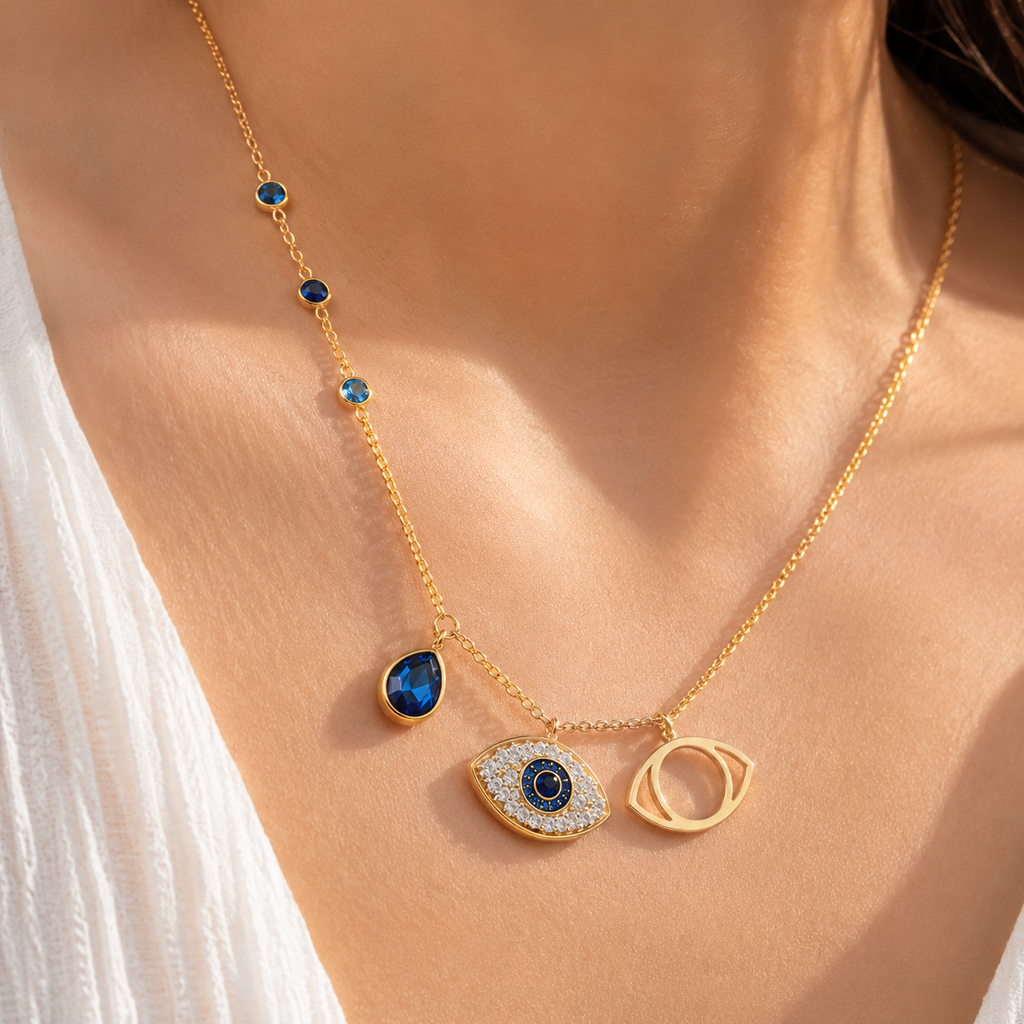 Blue Evil Eye Gold-Tone Pendant Necklace for Women