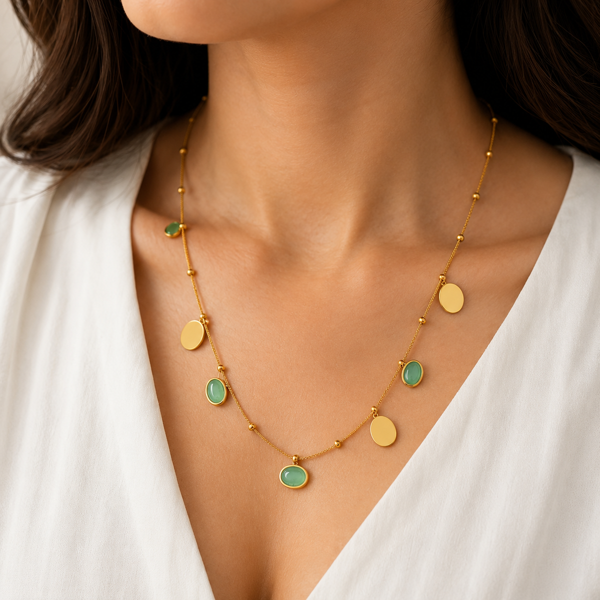 Green Stone Gold-Tone Charm Necklace for Women