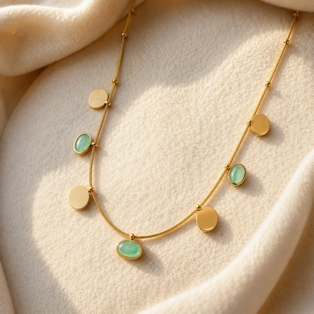 Green Stone Gold-Tone Charm Necklace for Women