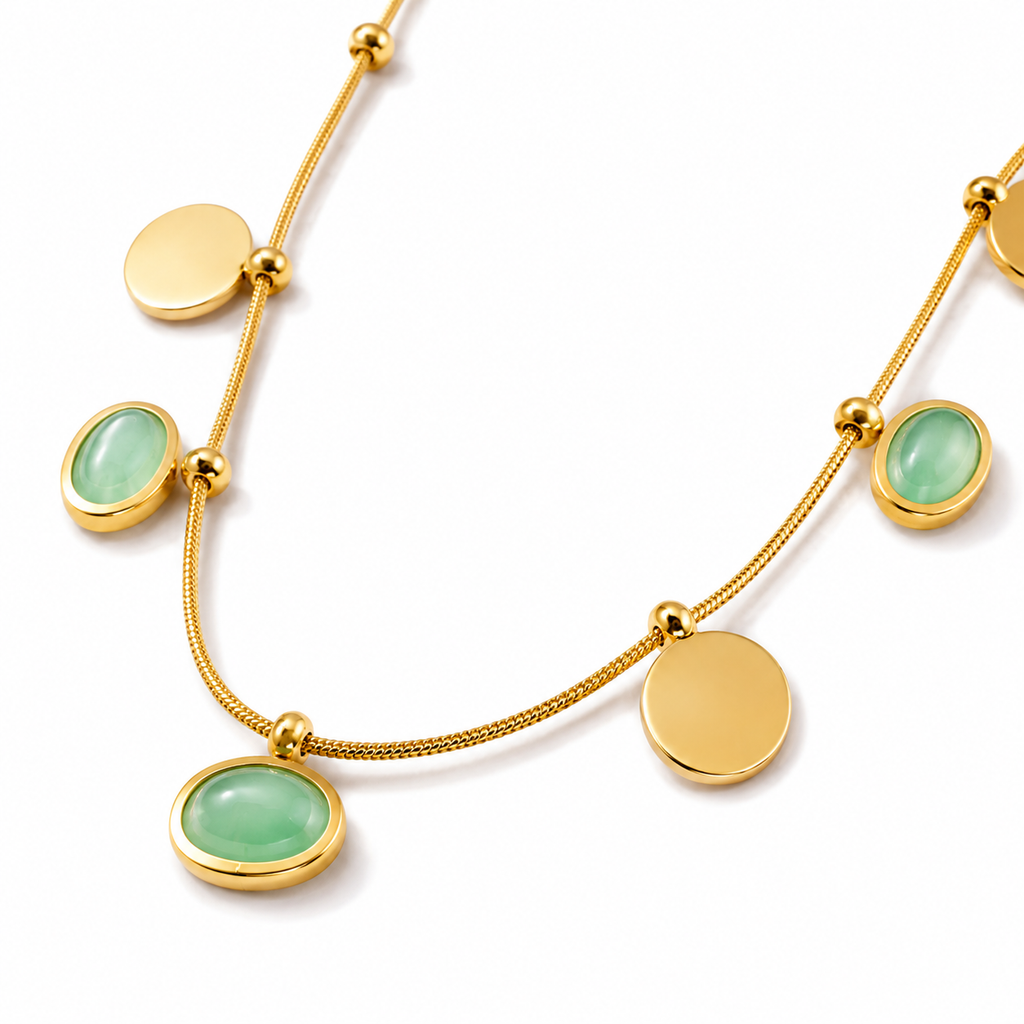 Green Stone Gold-Tone Charm Necklace for Women
