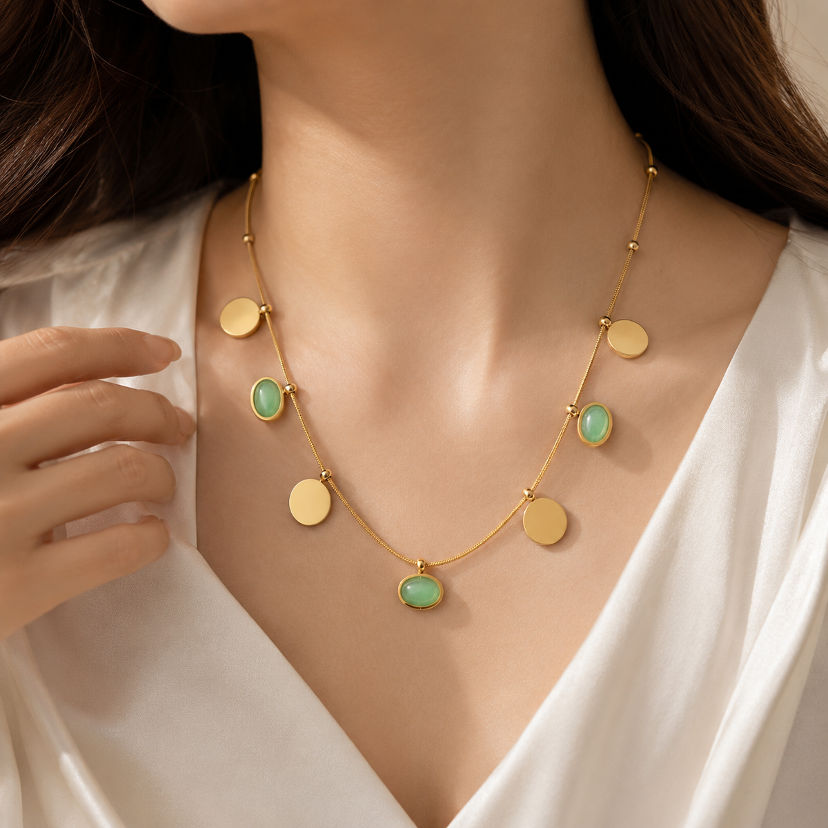 Green Stone Gold-Tone Charm Necklace for Women