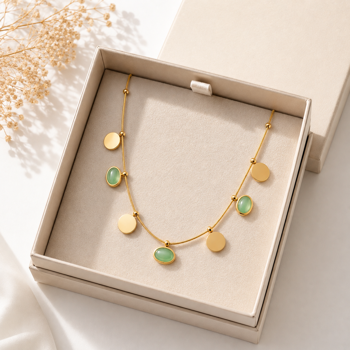 Green Stone Gold-Tone Charm Necklace for Women