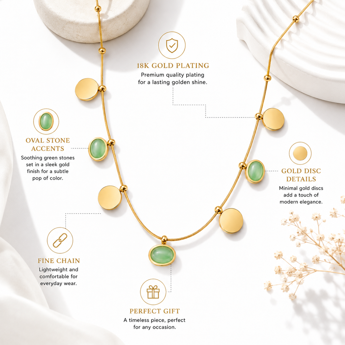 Green Stone Gold-Tone Charm Necklace for Women