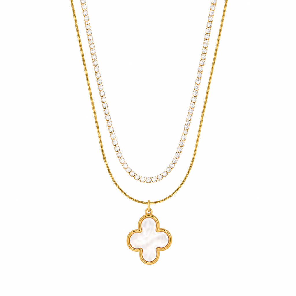 Elegant Gold Clover Pendant Necklace with Crystal Tennis Chain