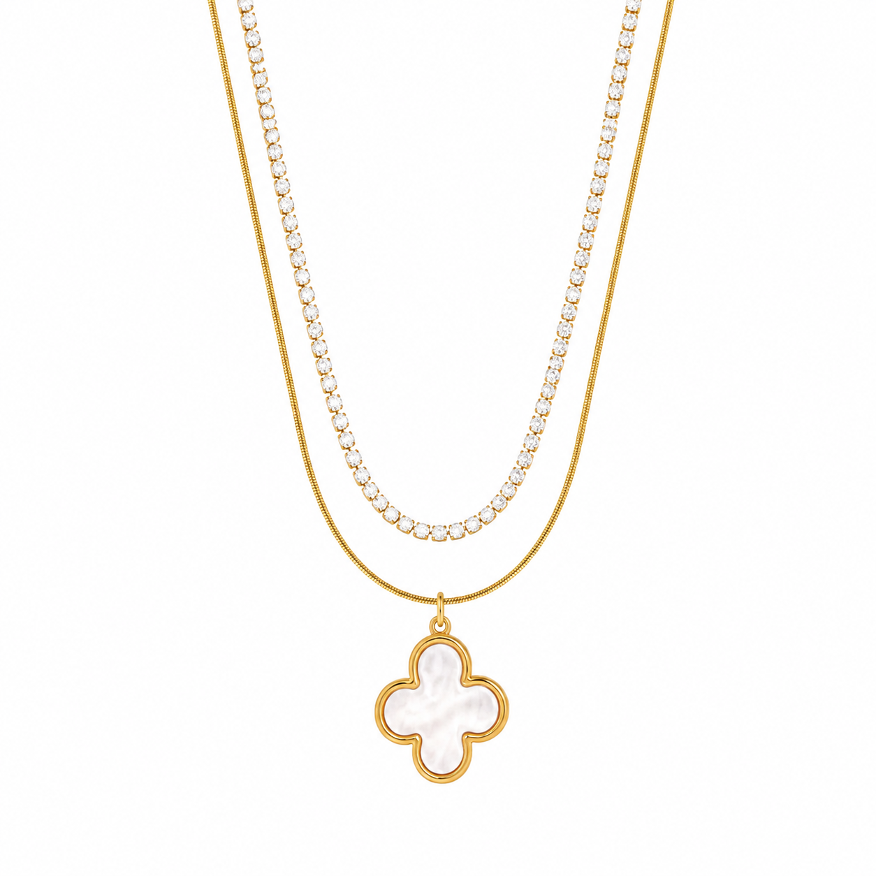 Elegant Gold Clover Pendant Necklace with Crystal Tennis Chain