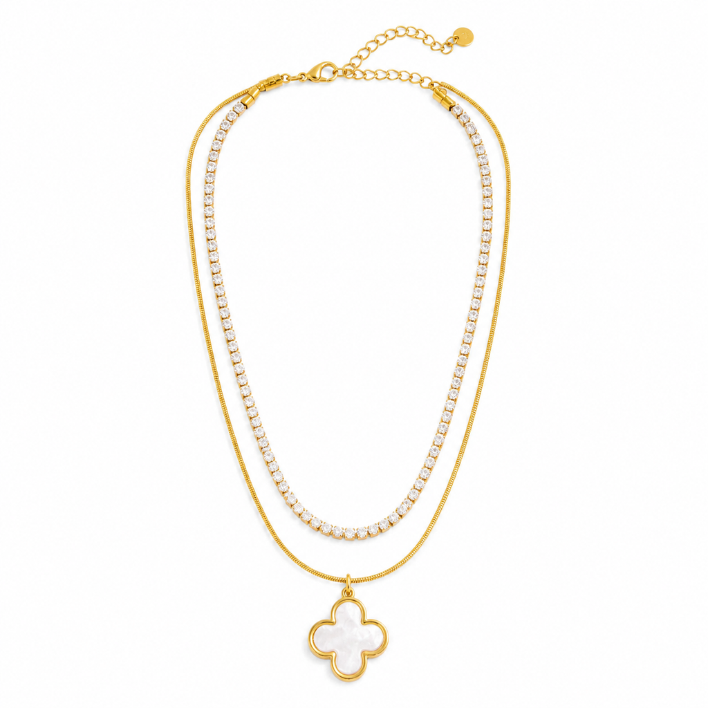 Elegant Gold Clover Pendant Necklace with Crystal Tennis Chain
