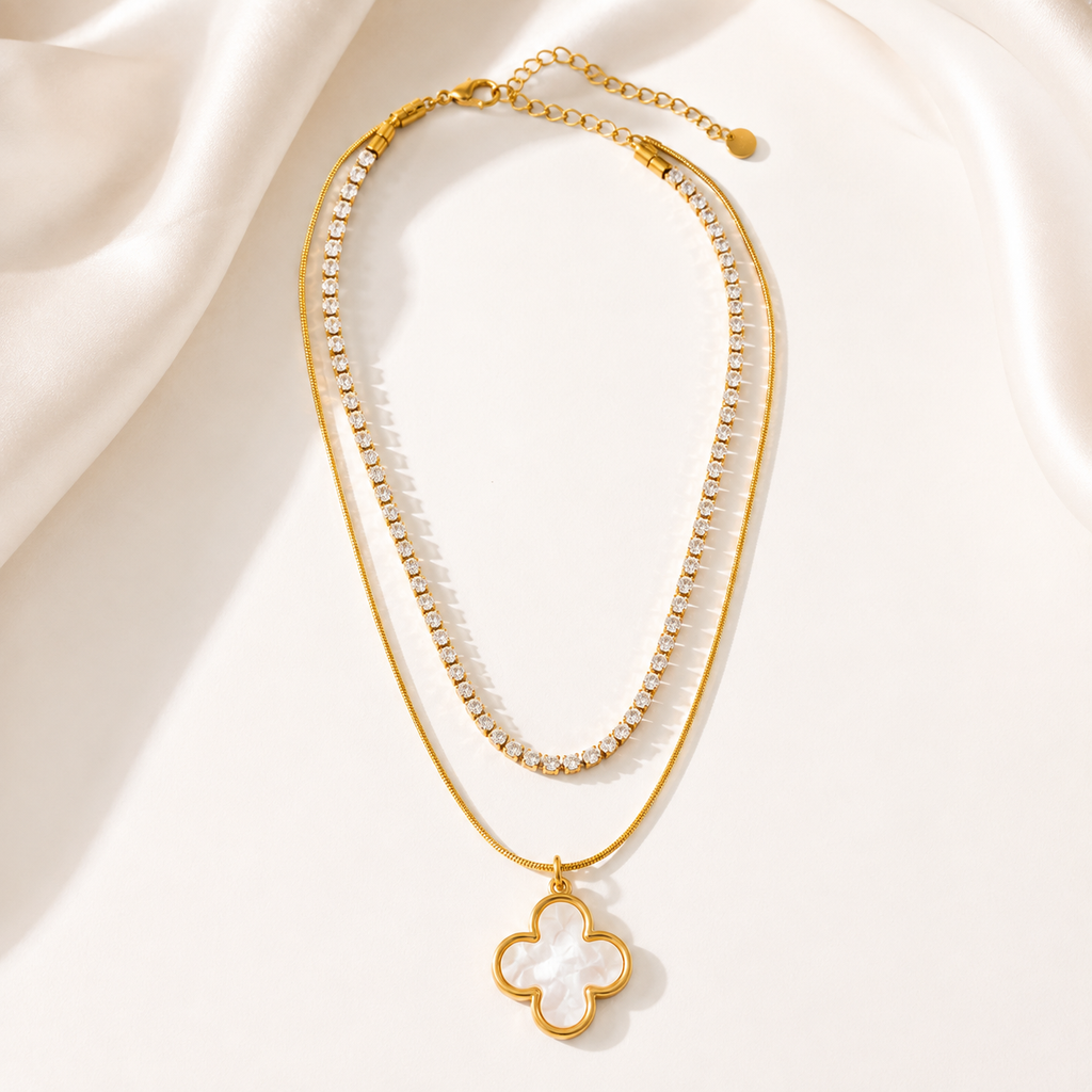 Elegant Gold Clover Pendant Necklace with Crystal Tennis Chain