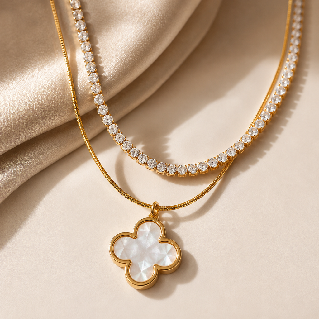 Elegant Gold Clover Pendant Necklace with Crystal Tennis Chain