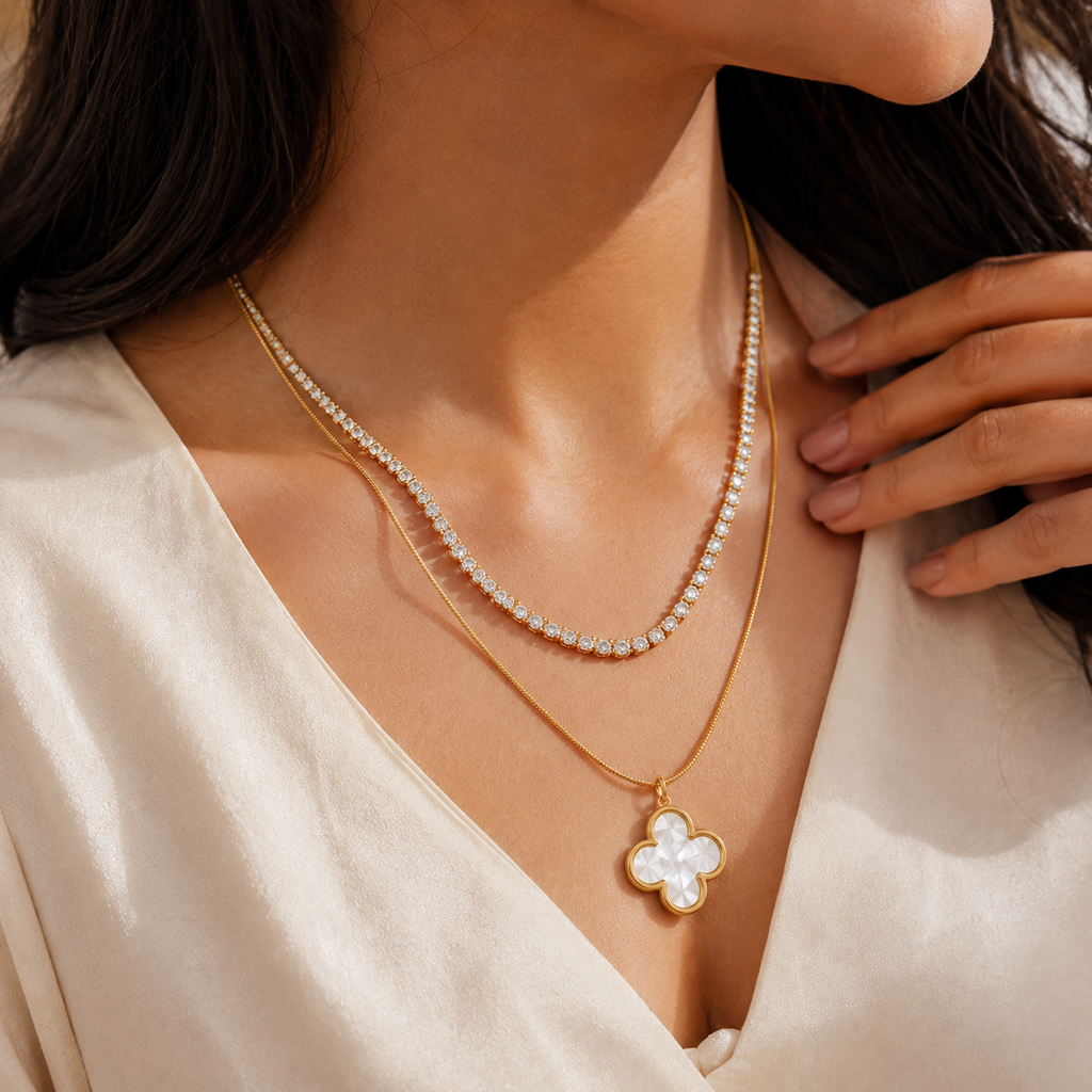 Elegant Gold Clover Pendant Necklace with Crystal Tennis Chain