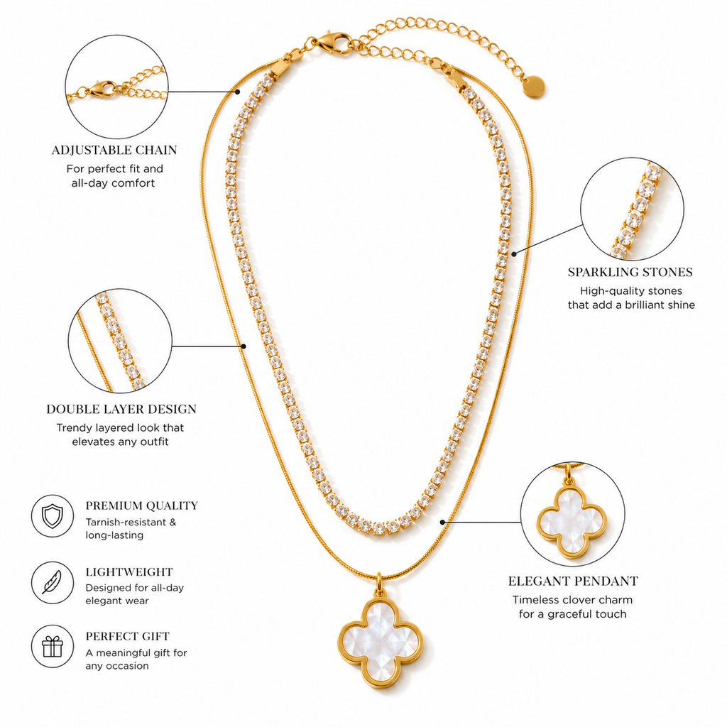 Elegant Gold Clover Pendant Necklace with Crystal Tennis Chain