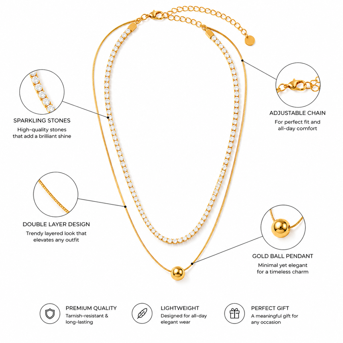Elegant Gold Double-Layer Crystal Ball Necklace for Women