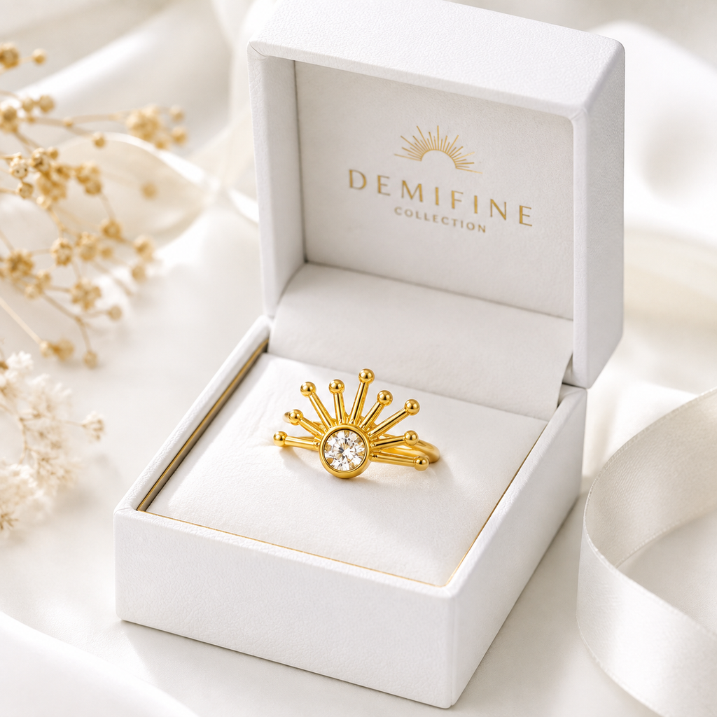 Gold Sunburst Crystal Ring for Women