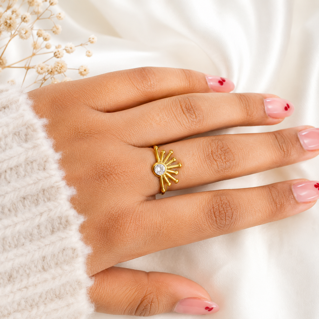 Gold Sunburst Crystal Ring for Women