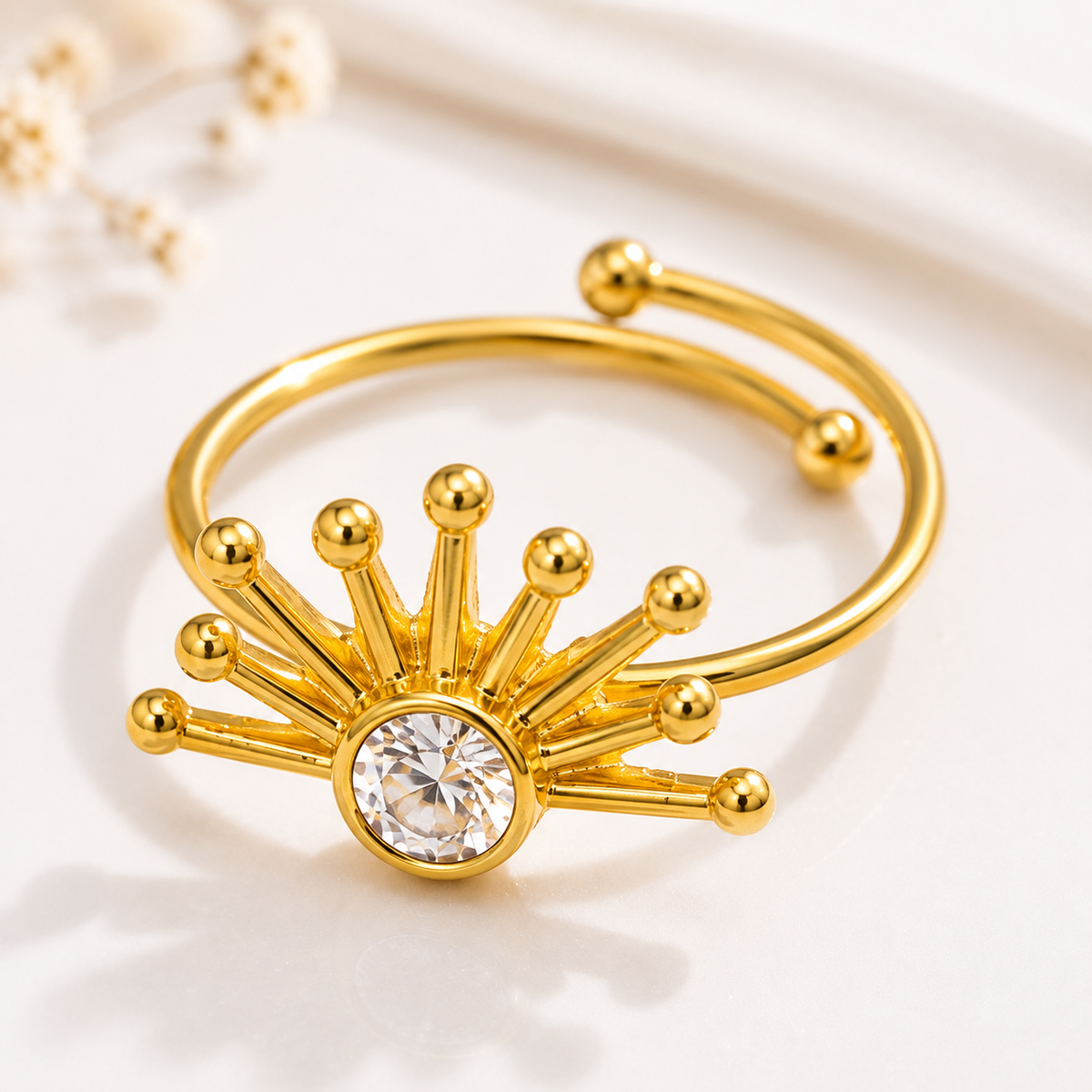 Gold Sunburst Crystal Ring for Women