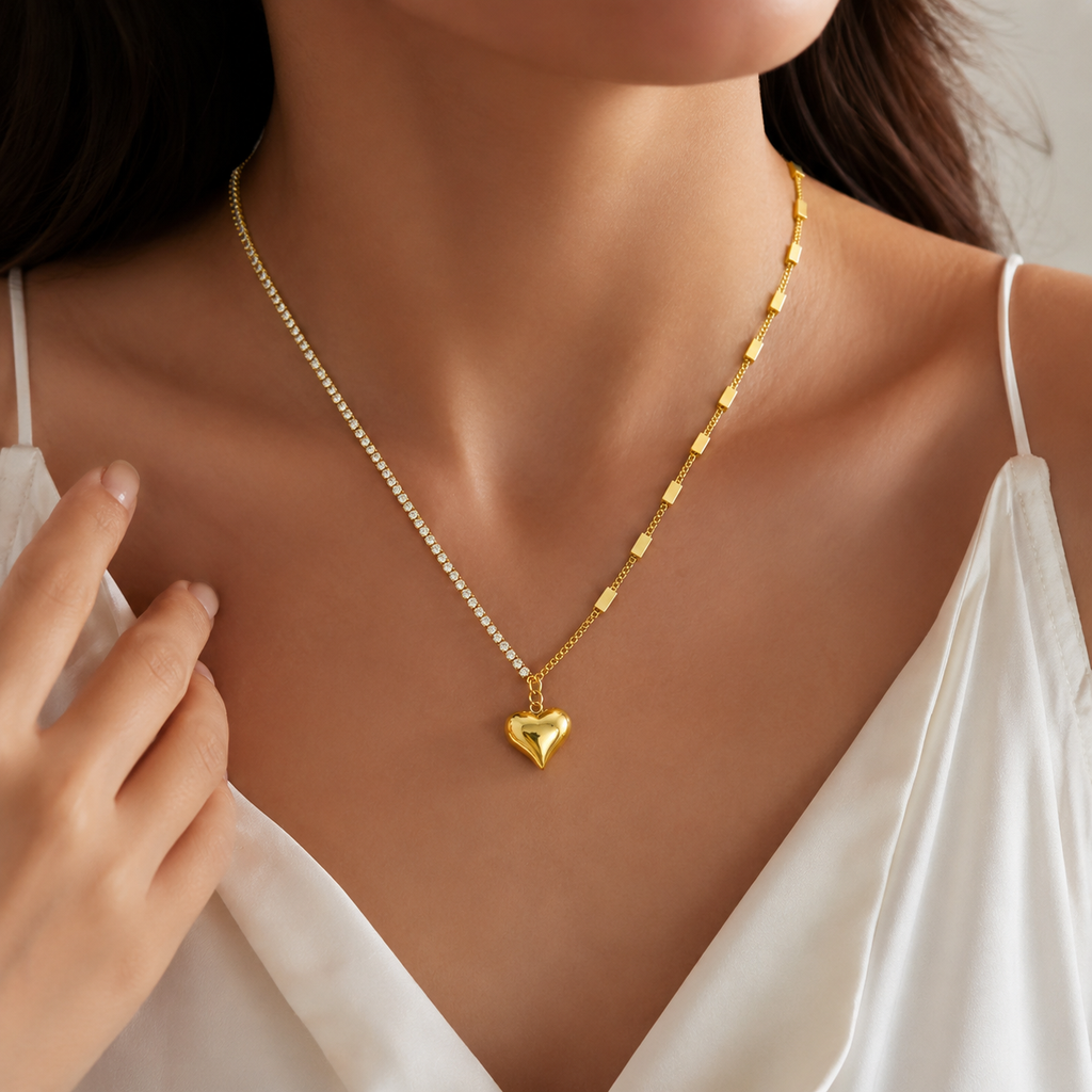 Gold Heart Crystal Tennis Chain Necklace for Women