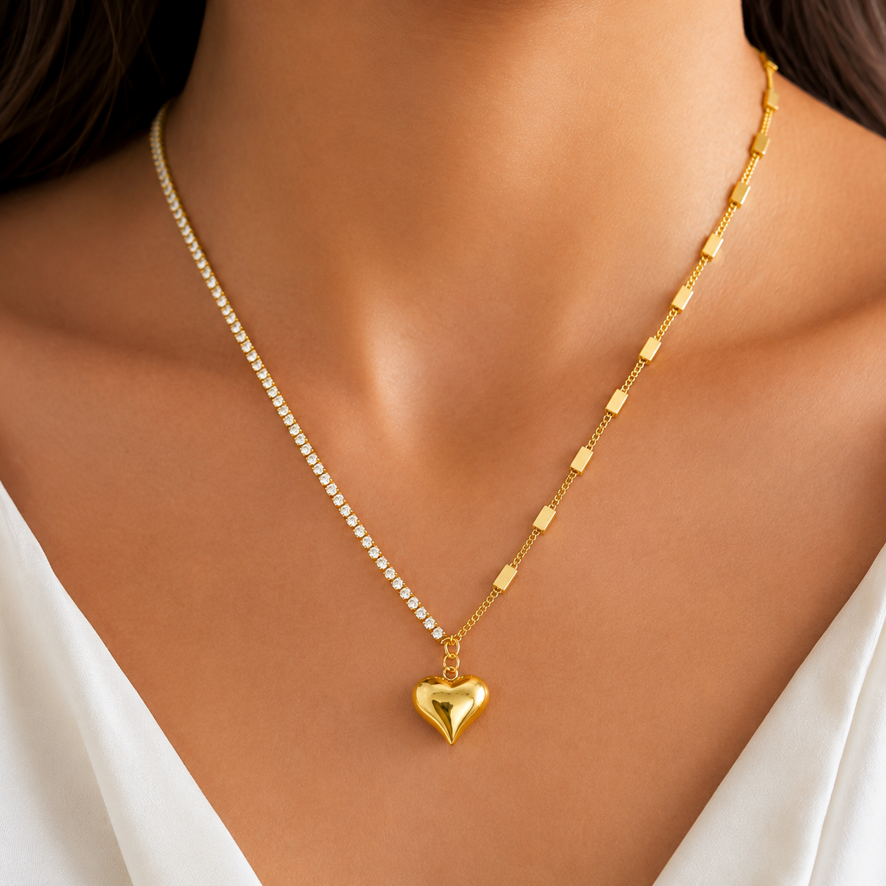 Gold Heart Crystal Tennis Chain Necklace for Women