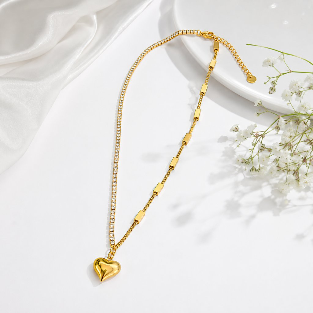 Gold Heart Crystal Tennis Chain Necklace for Women