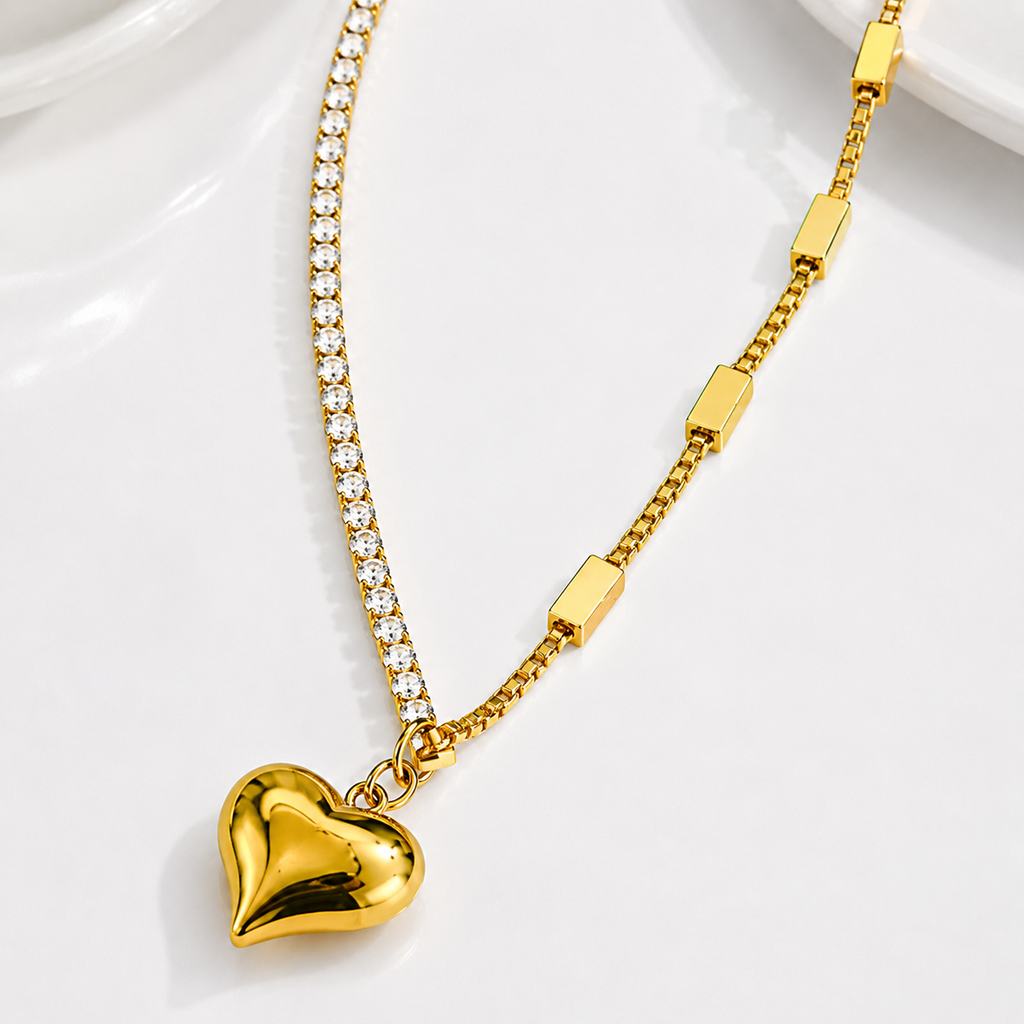 Gold Heart Crystal Tennis Chain Necklace for Women