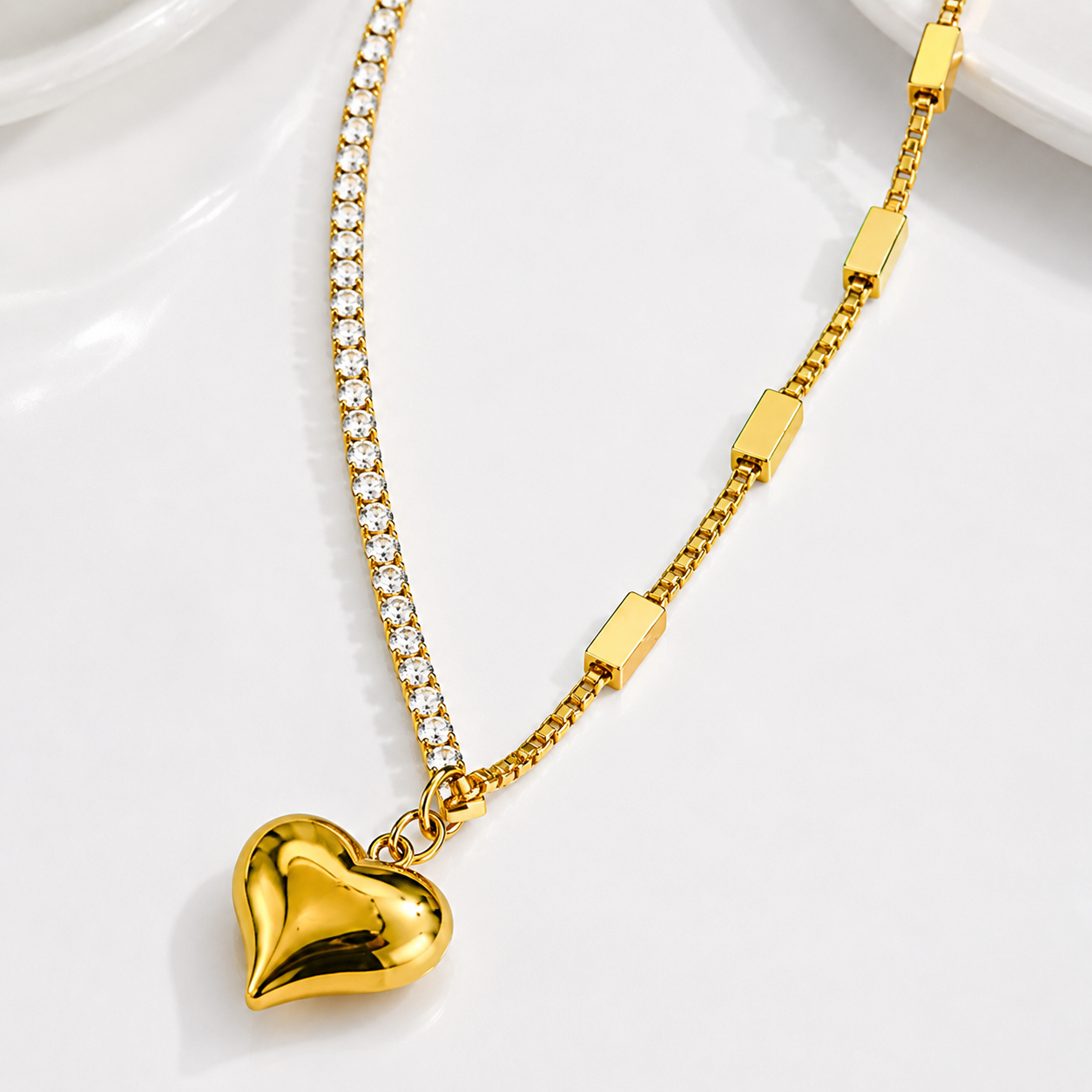 Gold Heart Crystal Tennis Chain Necklace for Women