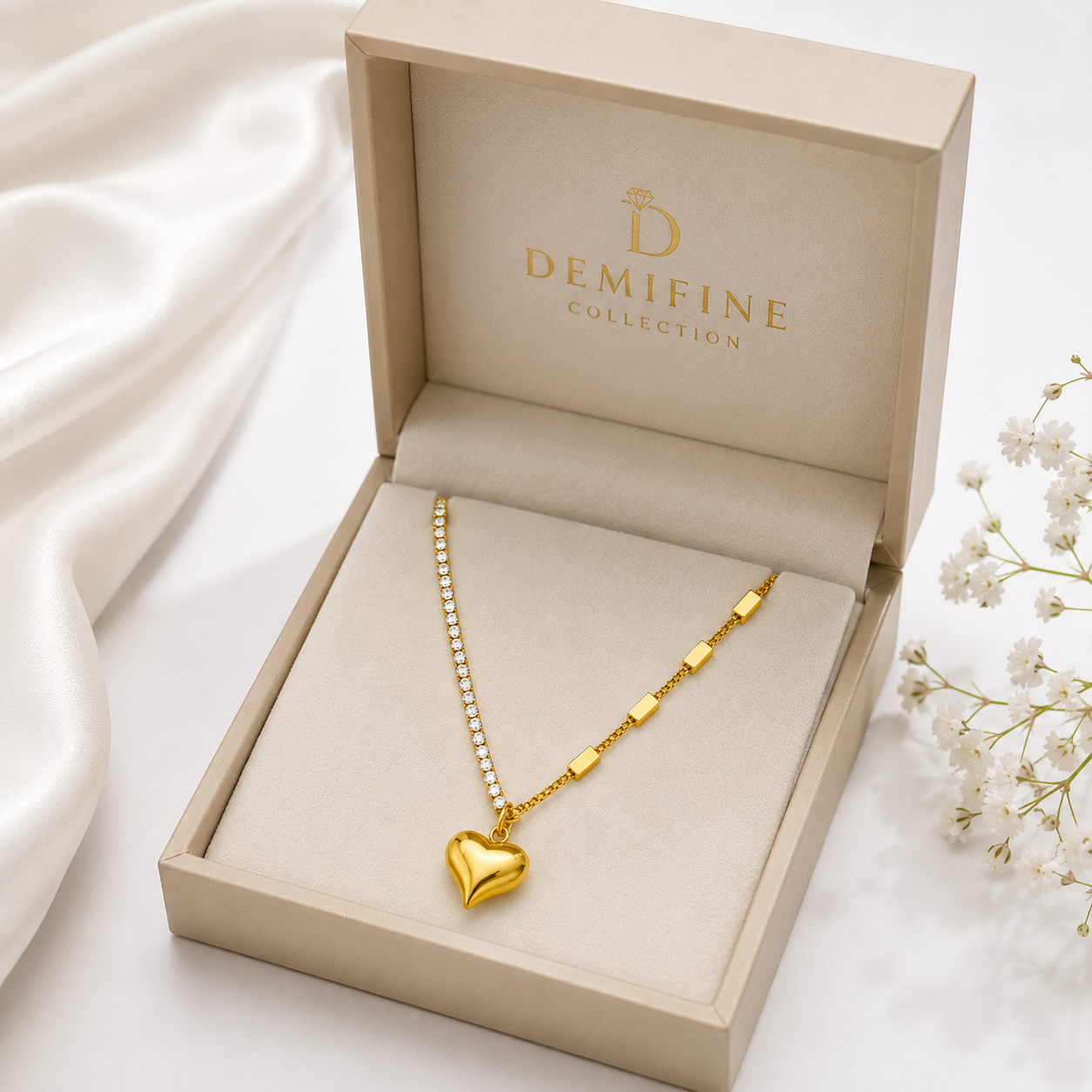 Gold Heart Crystal Tennis Chain Necklace for Women
