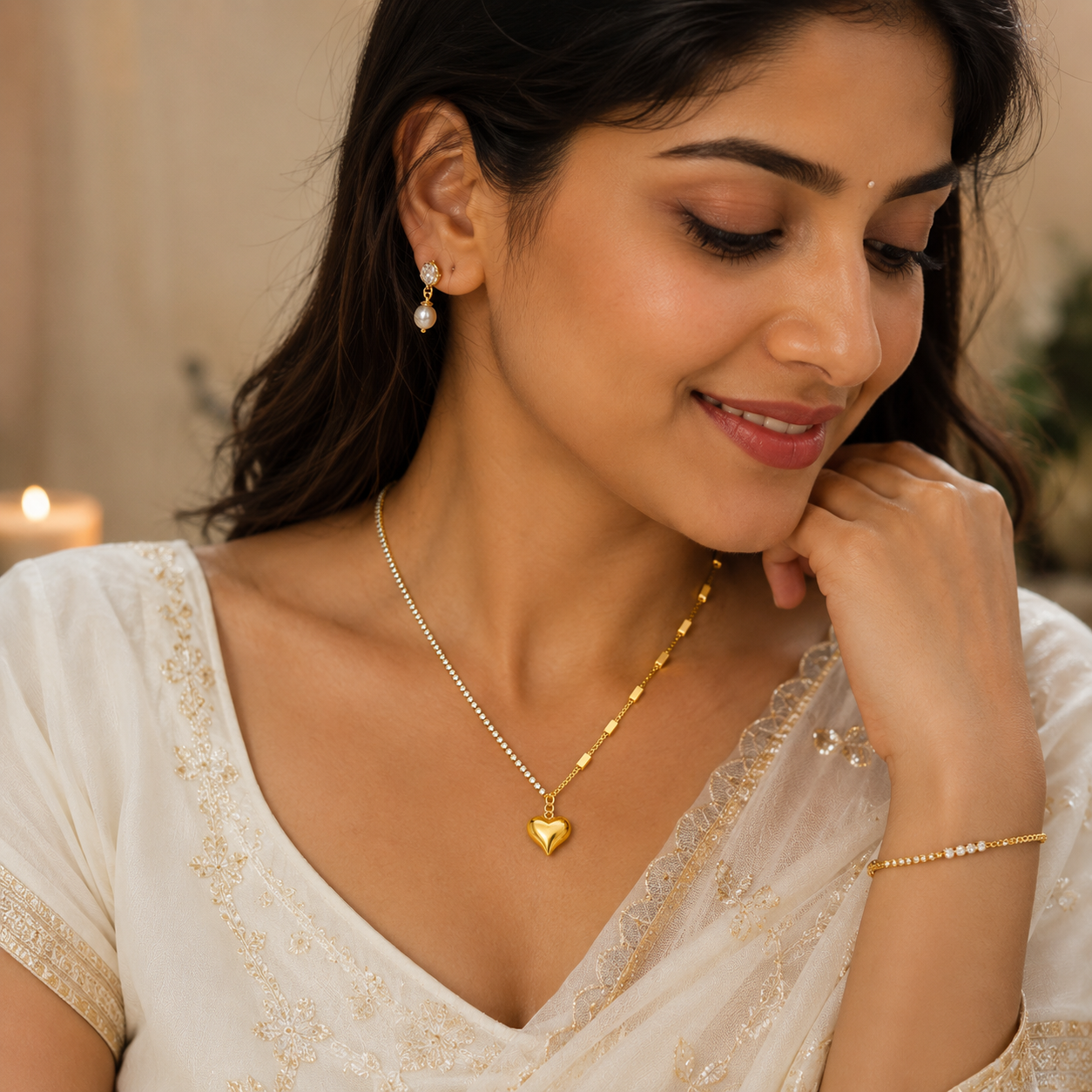 Gold Heart Crystal Tennis Chain Necklace for Women