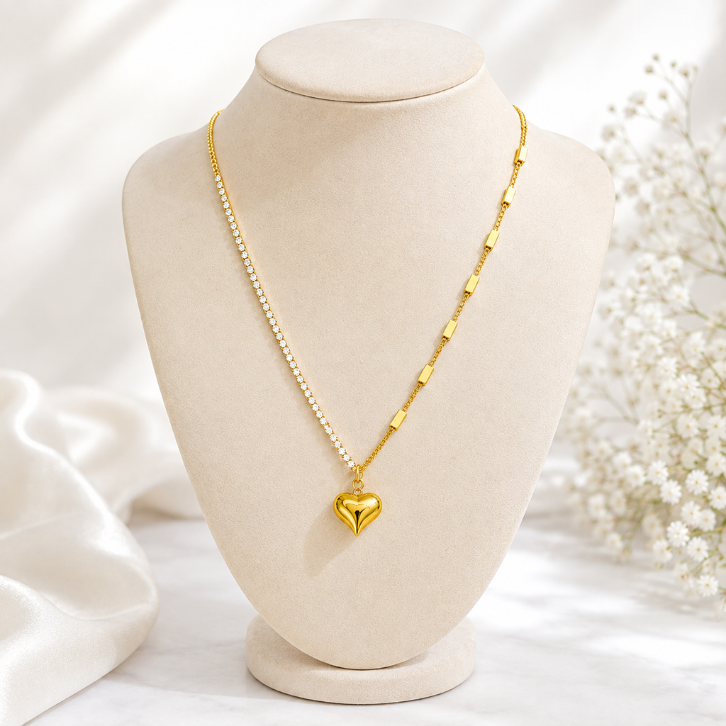 Gold Heart Crystal Tennis Chain Necklace for Women