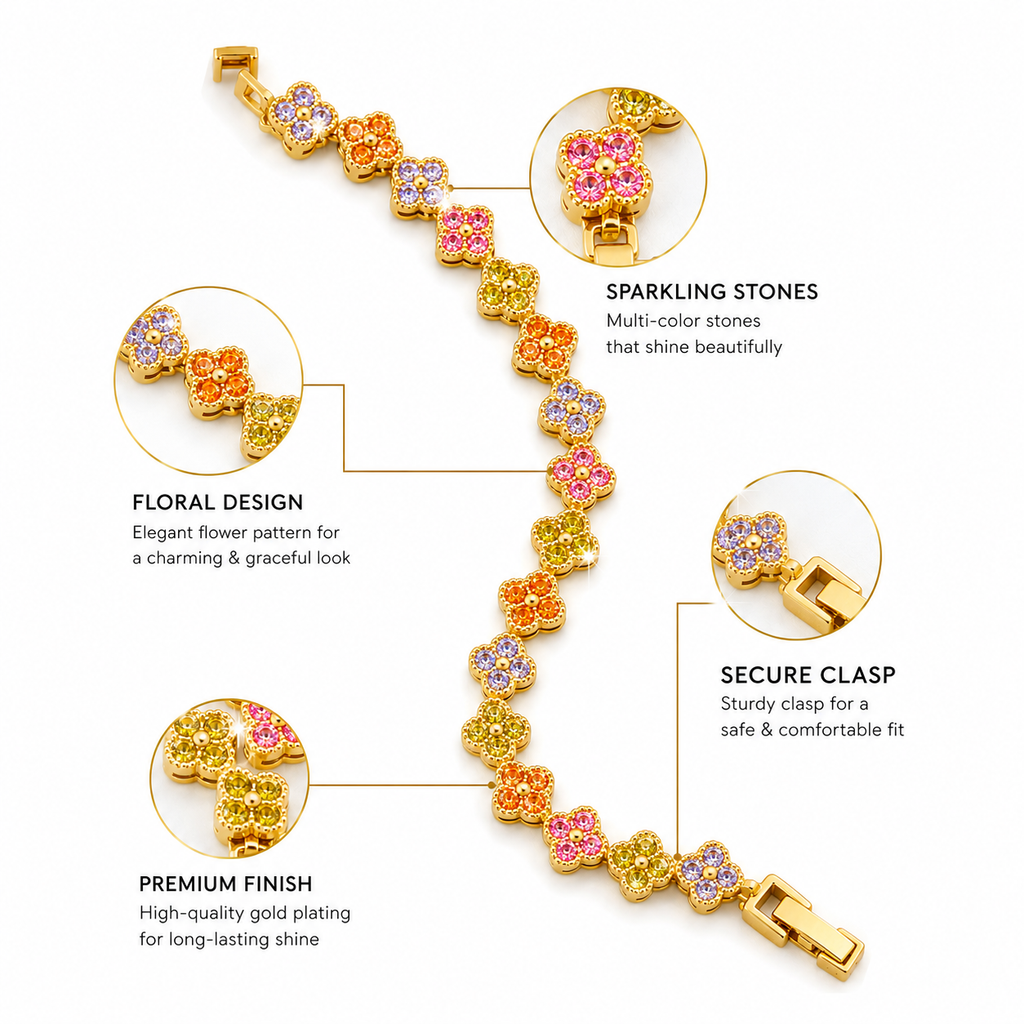 Multicolor Floral Crystal Gold Bracelet for Women