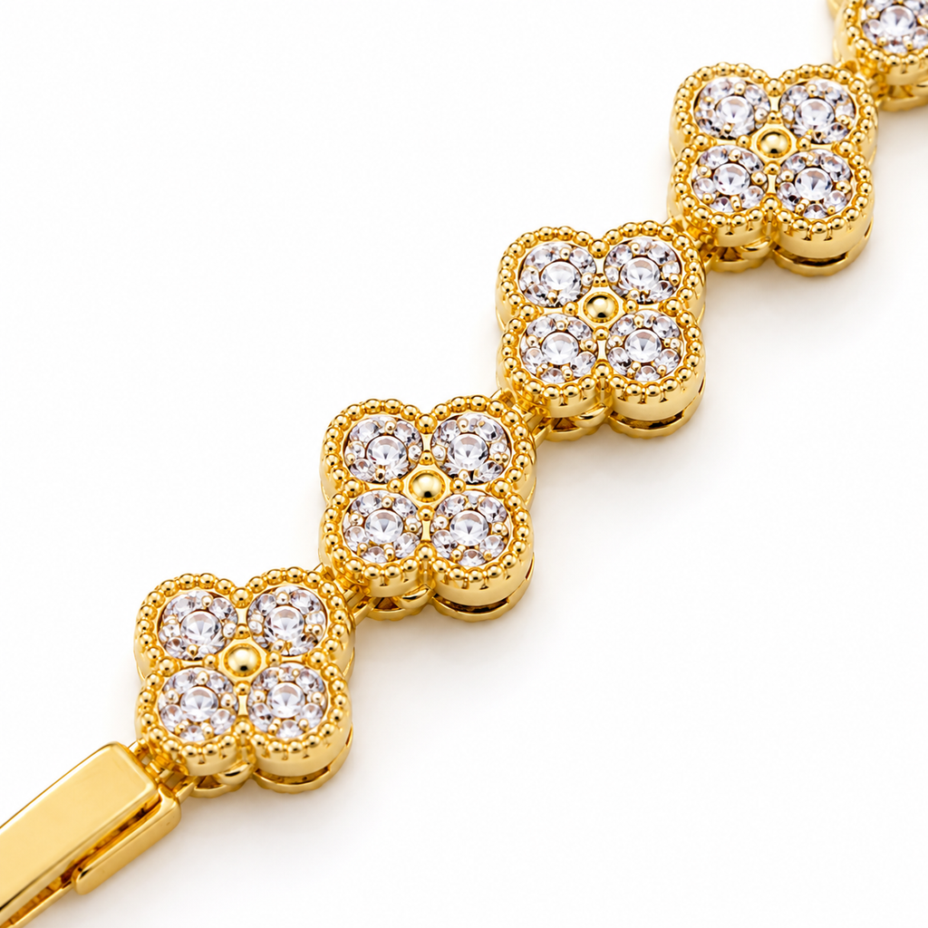 Gold Floral Crystal Link Bracelet for Women