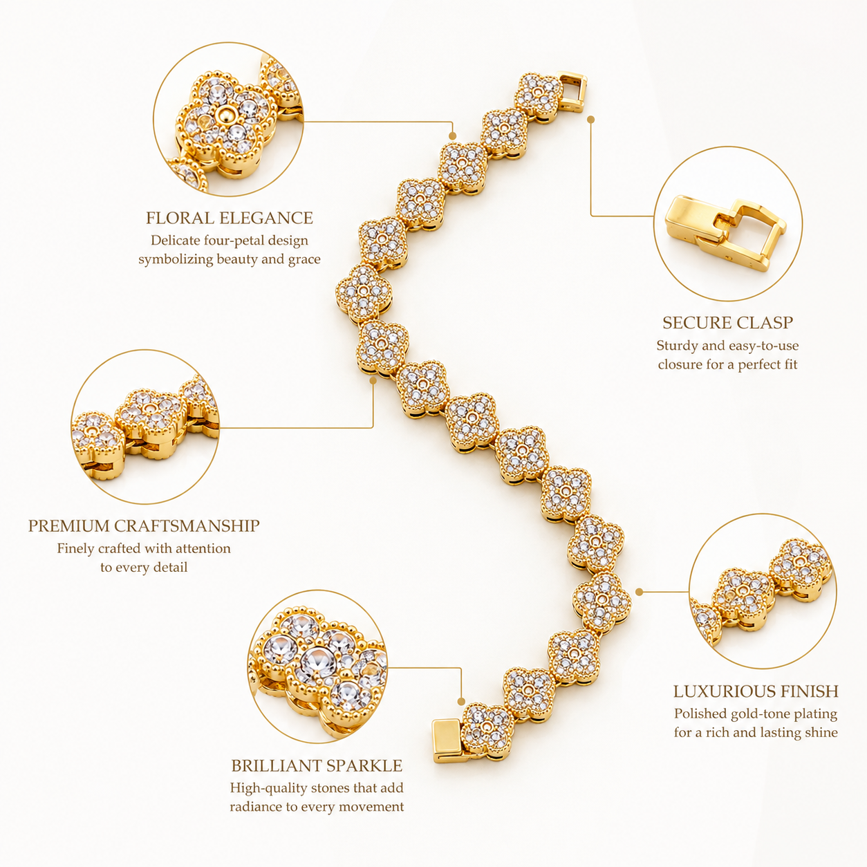 Gold Floral Crystal Link Bracelet for Women