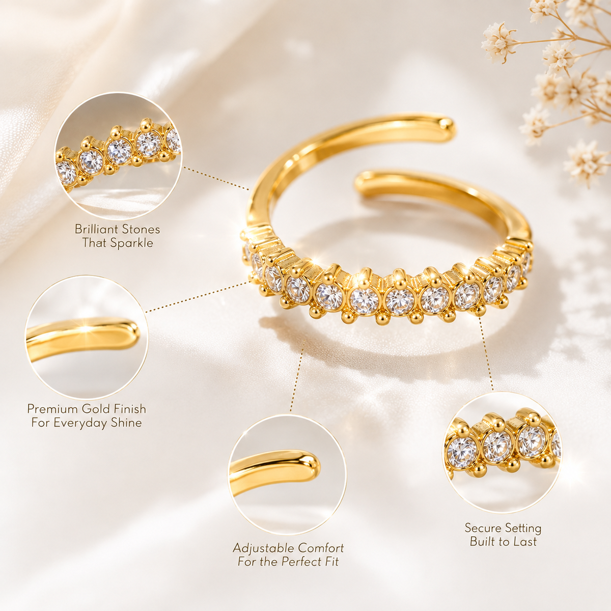 Gold Open Cuff Crystal Ring for Women