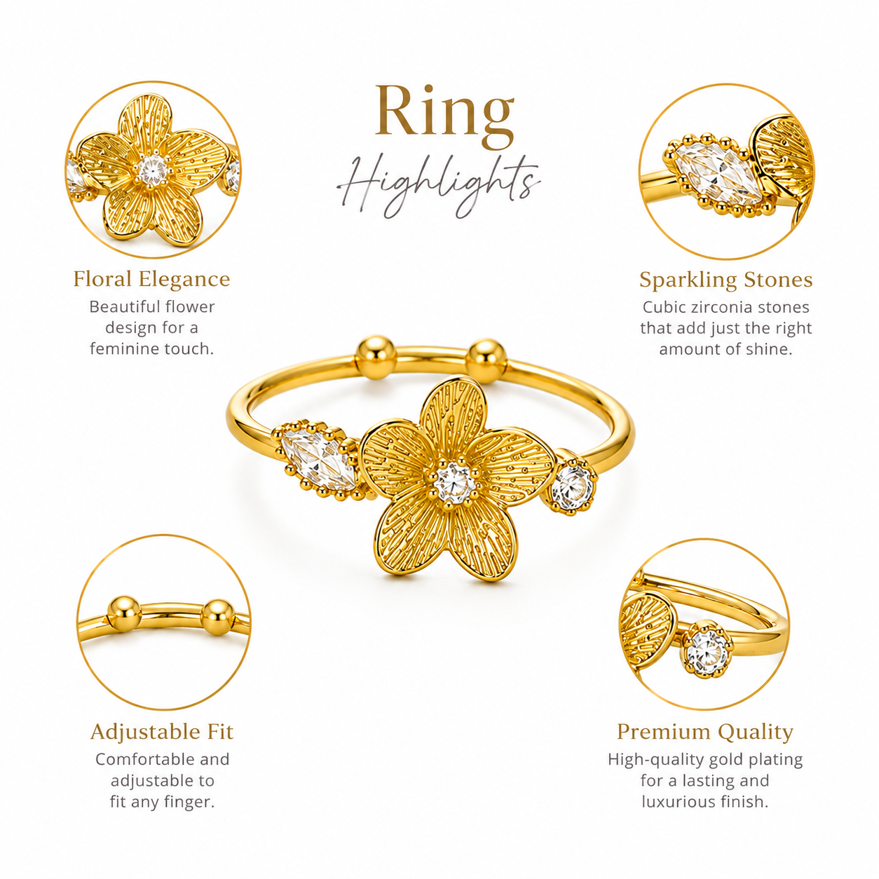 Golden Bloom Crystal Ring