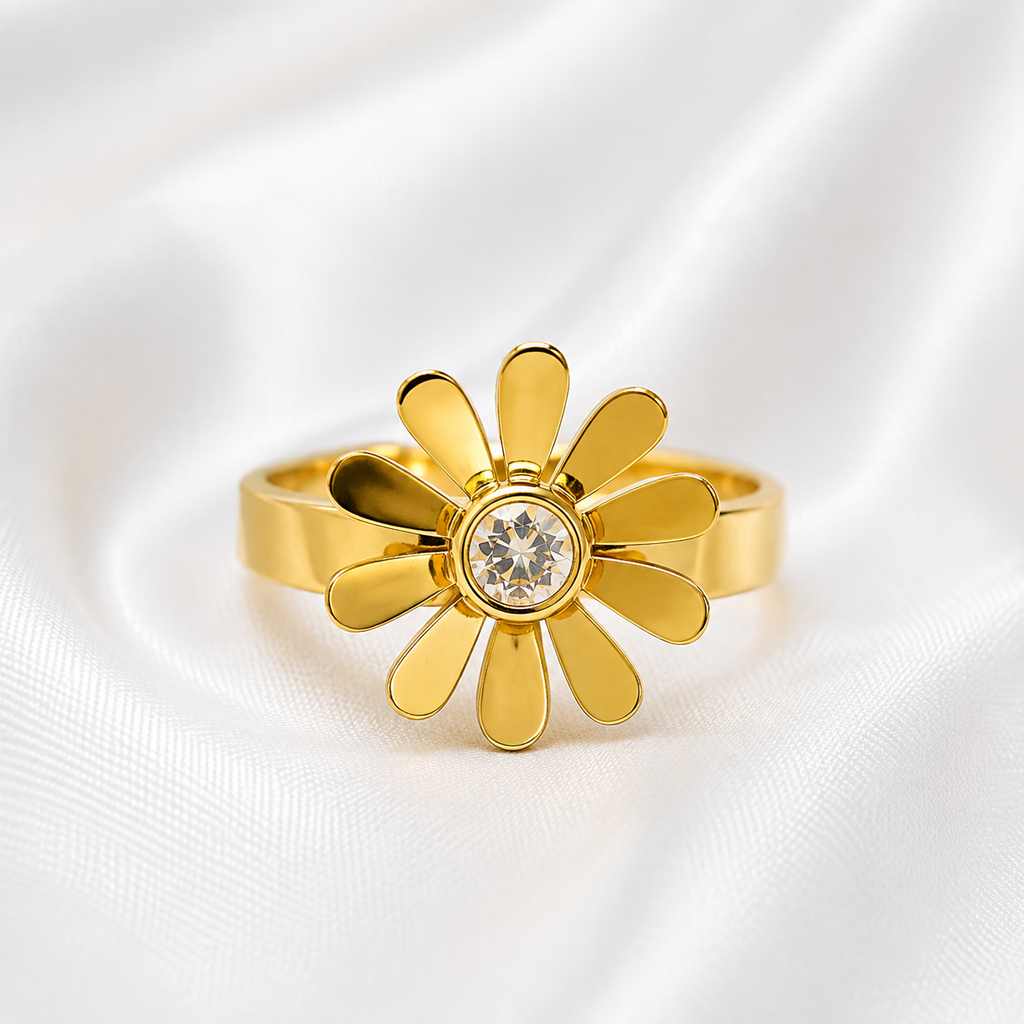 Floral Gold Plated Statement Ring with Crystal Stone for Women