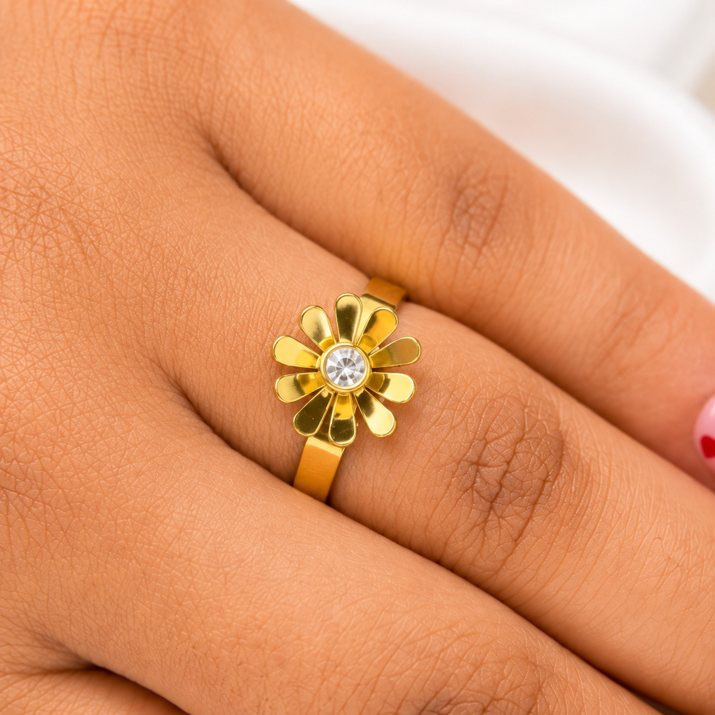 Floral Gold Plated Statement Ring with Crystal Stone for Women