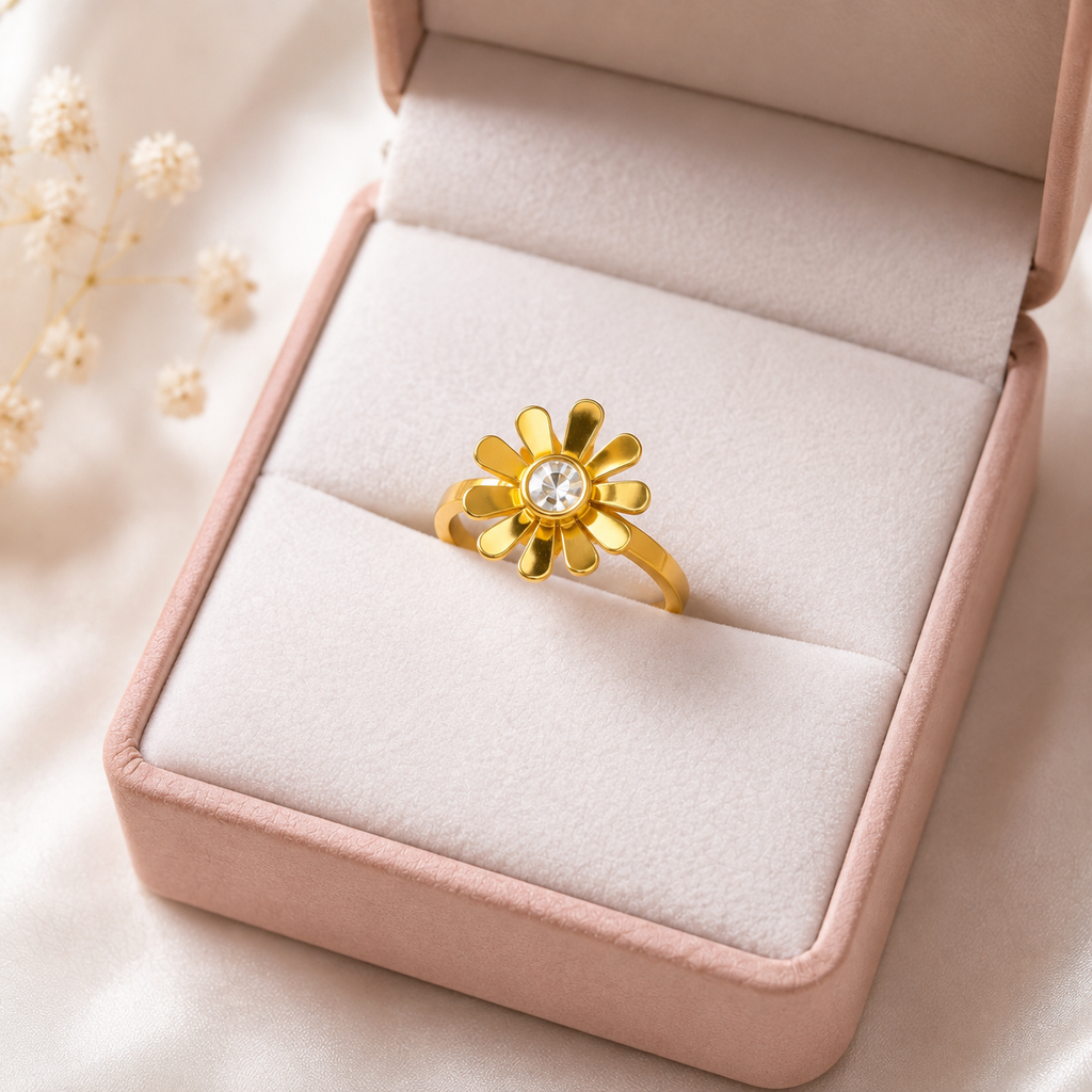 Floral Gold Plated Statement Ring with Crystal Stone for Women