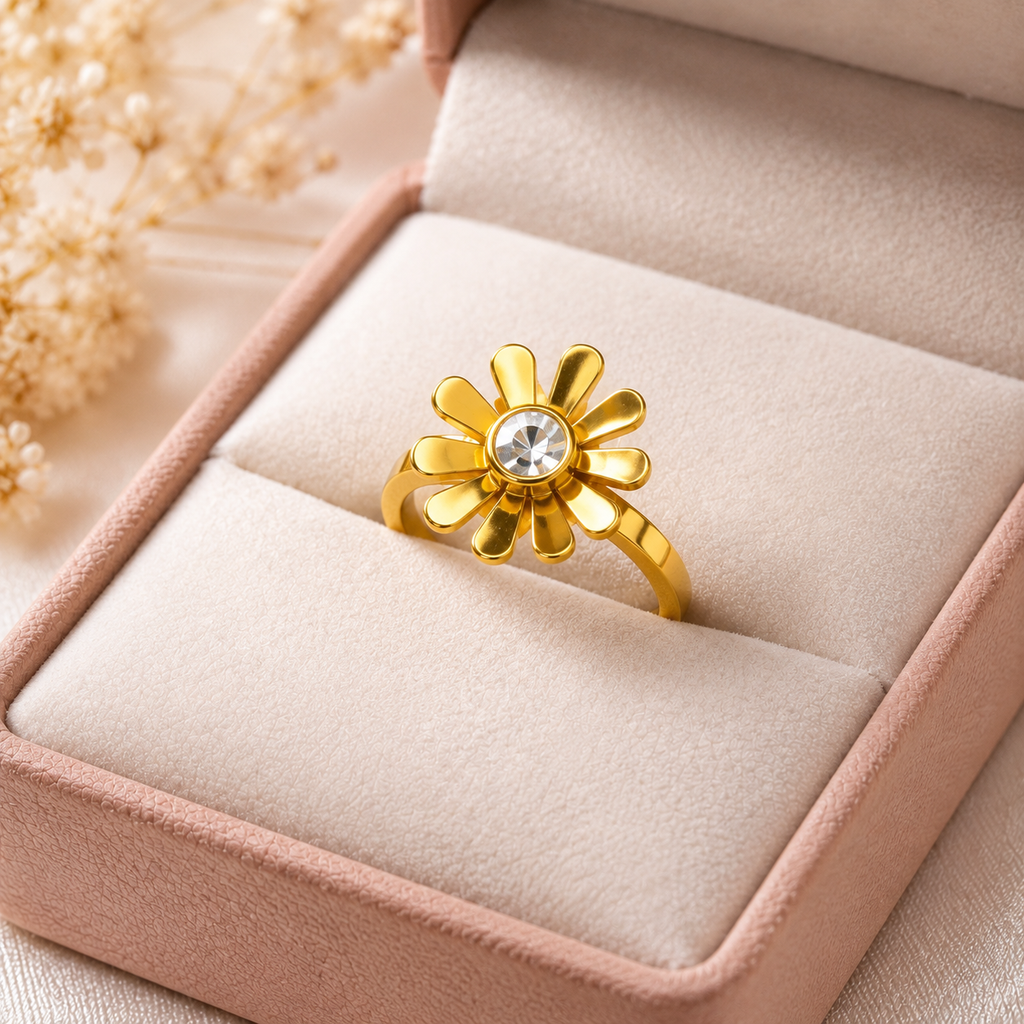 Floral Gold Plated Statement Ring with Crystal Stone for Women